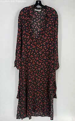 Zara Womens Black Floral Long Sleeve V-Neck Side Slit Casual Maxi Dress Size XL • $34.99