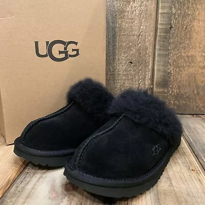 Ugg Kids Cozy Ii Slipper Slide Sandal Black Suede Wool Cuff Big Kids Us 3 Eu 35 • $63