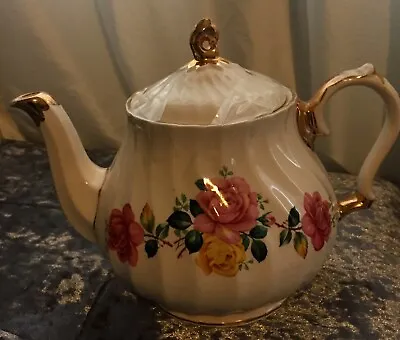 Vintage Sadler Swirl Teapot - Pink / Yellow/Red Roses - Gold Trim Vgc • £12