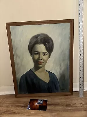 1970s VTG HANDMADE Photorealistic Lady Female Portrait OIL Painting Mid Century • $99.99