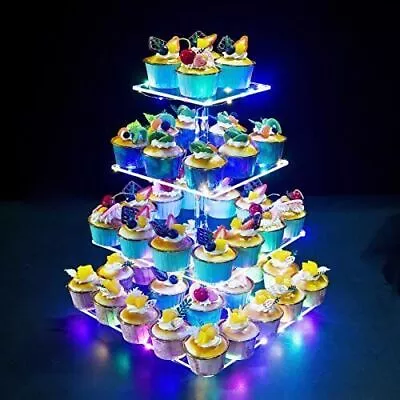  Cupcake Stand 4-Tier Square Cupcake Holder With LED Light String Acrylic     • $24.08