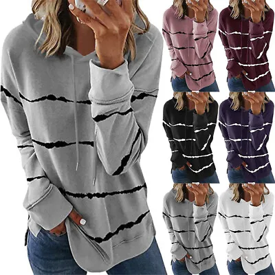 Women Striped Loose Pullover Hooded Sweatshirt Long Sleeve Casual Hoodies Tops  • £11.69