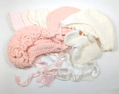 Vintage Baby Bonnets And Booties Knit Crochet Twill Lot Of 6 STAINED Late 1960s • $17.49