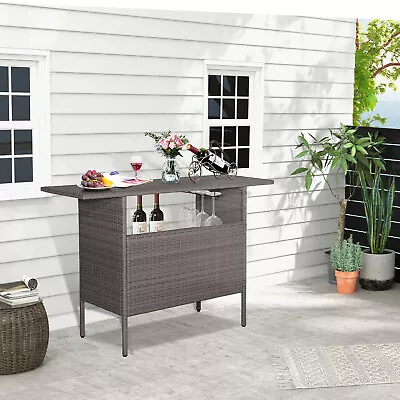 Outdoor Patio Wicker Bar Table Bar Counter Table W/ Stemware Racks Mix Grey • $139.99