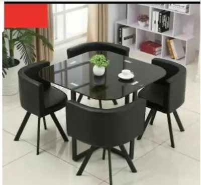 $4490 • Buy NEW MODERN Space Saver Black  Square Glass Dining Table & 4 Chairs Set 