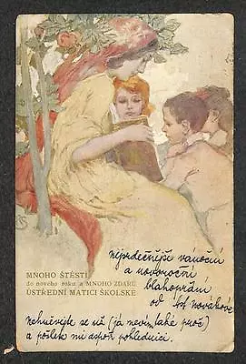 Art Nouveau Beautiful Woman Reading To Children Mucha (?) Postcard 1923 • $19.95