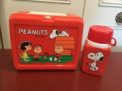 Vintage Thermos Peanuts Snoopy Plastic Lunchbox With Thermos 1965 Great Cond. • $89.95