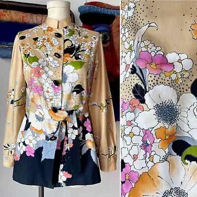 1970's GORGEOUS BELTED TOP High End Vintage 70's Big Buttons Floral Nehru Collar • $34.19