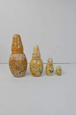 Vintage Bunny Rabbit Russian Hand Crafted Matryoshka Nesting Dolls 4 Piece Set • $9.99
