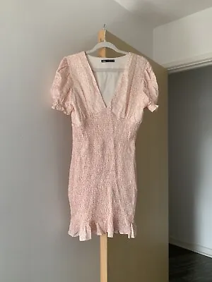 Zara Pink Floral Print Short Sleeve V-Neck Zip Mini Dress S M L • £12.37