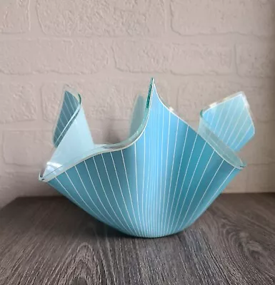 Large Size Turquoise And White Striped Chance Glass Handkerchief Vase Bowl • £15