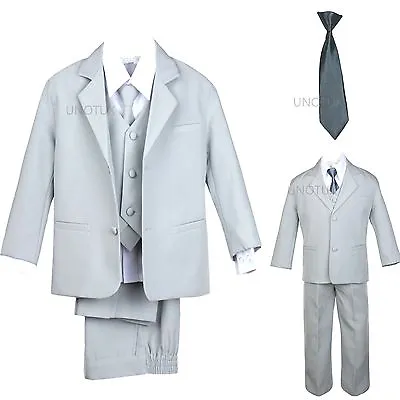 $48.99 • Buy 6pc Satin Neck Tie + Boy Infant Toddler Kid Teen Gray Formal Suit Tuxedo Sz S-20