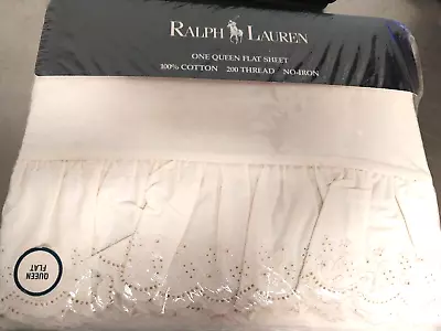 Ralph Lauren Bromley Eyelet Ruffled Queen Flat Sheet Cotton 4  Ruffle 1994 • $179.99