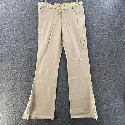 Womens Linen Pants Size 5/6 Beige Crochet Mid Rise Drawstring Flared Boho Gypsy • $8.68