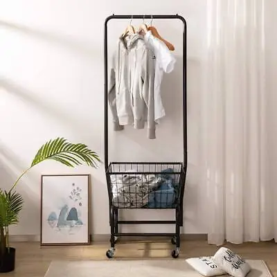 $88.99 • Buy Heavy Duty Garment Organizer Laundry Cart Double Pole W/ Storage Basket & Wheels