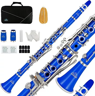 EASTROCK Clarinet Bb Flat 17 Nickel Keys White Clarinet With Case  - BLUE / RED • $100