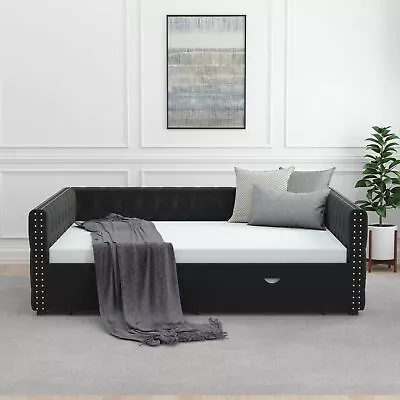 Modern Full Daybed With Trundle Bed Velvet Upholstered Tufted Sofa Bed • $513.40