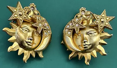 Statement Vintage Kirks Folly Rhinestone Sun Moon Star Crystal Clip On Earrings • $39.99