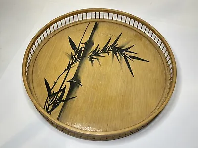 Vintage Round Painted Bamboo Shoots Wood Serving Drink Tray BOHO • $24.50