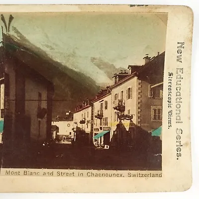 Chamonix Switzerland Street Shops Stereoview C1895 Swiss Tinted Stores H1751 • $29.95