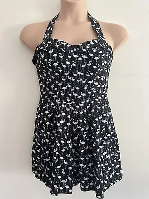 Black White Flamingo￼ Playsuit Halter Neck 1950’s Style Size 12 Retro Holiday • £10.60