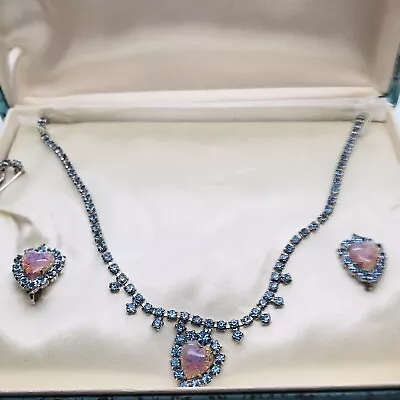 Fantasy Of Jewels Vintage Necklace Earring Clip On Set Heart Pave Rhinestone • $50