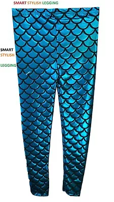 Girls Metallic Fish Scale Legging Mermaid Kids Shiny Foil Children Turquoise NEW • £5.75
