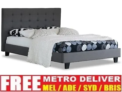 $229 • Buy Alexis King Single Double Queen Size Grey/ Beige Linen Fabric Wooden Bed Frame