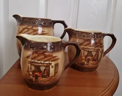 Set 3 Vintage Graduating Falcon Ware Jugs With The Country Scene Design On Each • £65