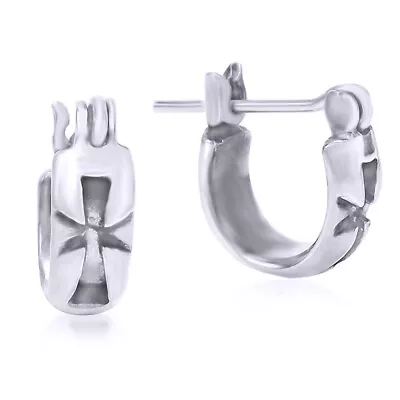 Maltese Cross Inscribed 14K White Gold Plated Sterling Silver Hoop Lock Earrings • $73.53