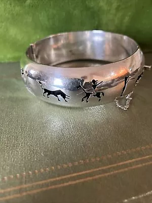 Sterling Silver Hecho Mexico Pierced Overlay Bull Fighter Hinged Bangle Bracelet • $36.50