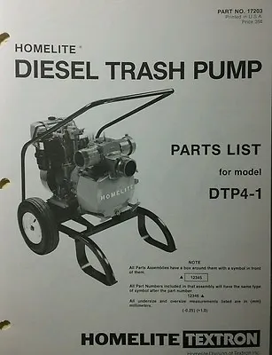 Homelite DTP4-1 Diesel Trash Pump Parts Manual Pond Water Fire Suppress 4  • $37.99