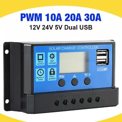 30A/20A/10A 12V 24V Auto Solar PWM LCD 5V Dual USB Solar Regulator Controller • £10.65