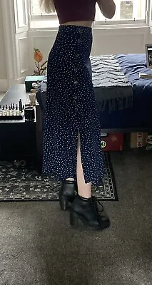 £4.50 • Buy Navy Polka Dot Long Skirt With Slit -  Shein Small Side Size Small
