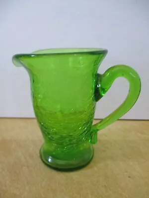 Vintage Blown Mini Crackle Glass Pitcher Green With Applied Green Handle *EXC* • $11.50