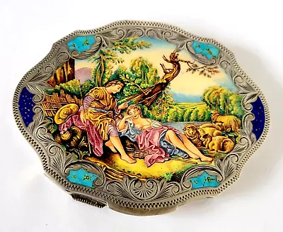 Vintage Italian 800 Silver Large Powder Compact With Enamel Courting Scene. • $107.50