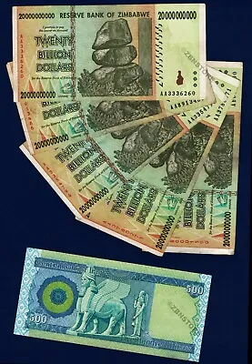 5x 20 Billion Zimbabwe Dollars Banknote 2008+ 500 Iraq Dinars 2018 COA Authentic • $23.99