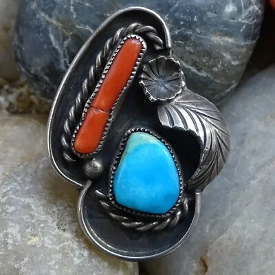 Vintage  Navajo Turquoise And Branch Coral Ring Sterling Silver Size 8 Signed MH • $125