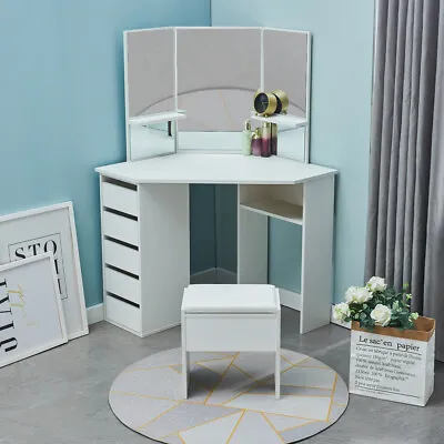 £149.99 • Buy Vanity 5 Drawers Corner Dressing Table Set Makeup Desk With Mirror Stool Dresser