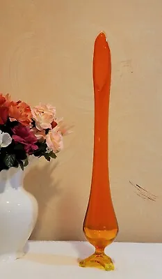 Viking 1960s Swung Glass Floor Vase Orange W/ Yellow Pedestal Foot 25  Tall MCM • $350.50