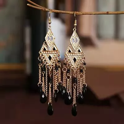 Gorgeous Women Retro Bohemian Earrings Diamond Teardrop Gravel Beads Tassel 1496 • $9.99