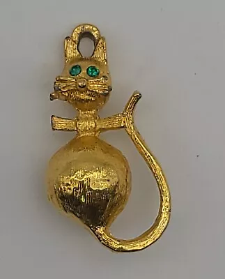 Vintage Gold Tone Cat Pendant Green Rhinestone Eyes 1.25 In MCM • $7