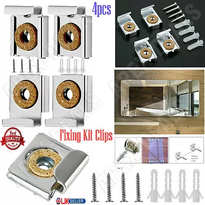 4x Frameless Unframed Bathroom Mirror Glass Wall Hanging Fixing Clips Clamp Kit. • £3.85