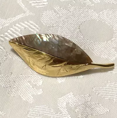 Liz Claiborne Gold Tone & Abalone Shell Iridescent Leaf Brooch Signed • $12.95
