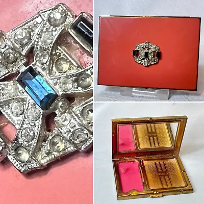 Shields Compact Rhinestone Coral Enamel Double Vanity Mirrored Powder Box • $29.95