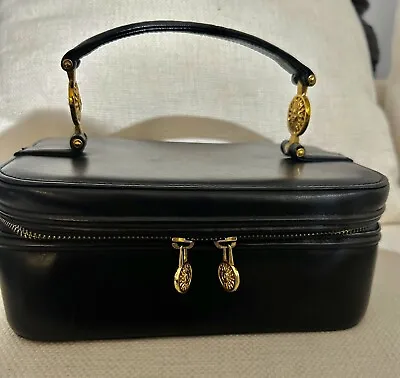 Gianni VERSACE Sunburst Vanity Hand Bag Purse Black Leather - Vintage Makeup Bag • $249