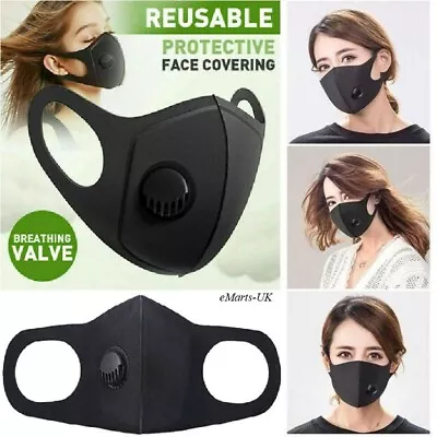 2 X Black Face Mask With Filter Air Valve Washable Reusable Breathable Uk Seller • £2.30