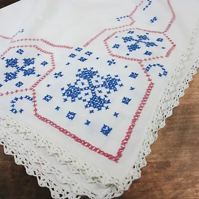 Vintage Hand Embroidered Tablecloth Crocheted Edge White Blue Pink Square 32 In • $15.50