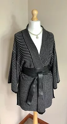 Jaeger Soft 100% Wool Wrap Style Kimono Cardigan Coatigan With Real Leather Belt • £59.99