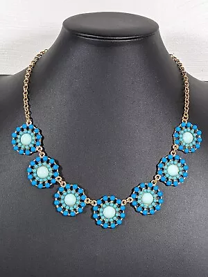 Beachy Coastal Blue Rhinestone Round Medallion Statement Necklace Gold Tone 21  • $9.09